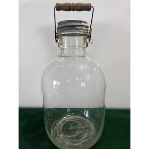 Vintage Clear Glass One Gallon Jug Wood Handle Illinois glass co.